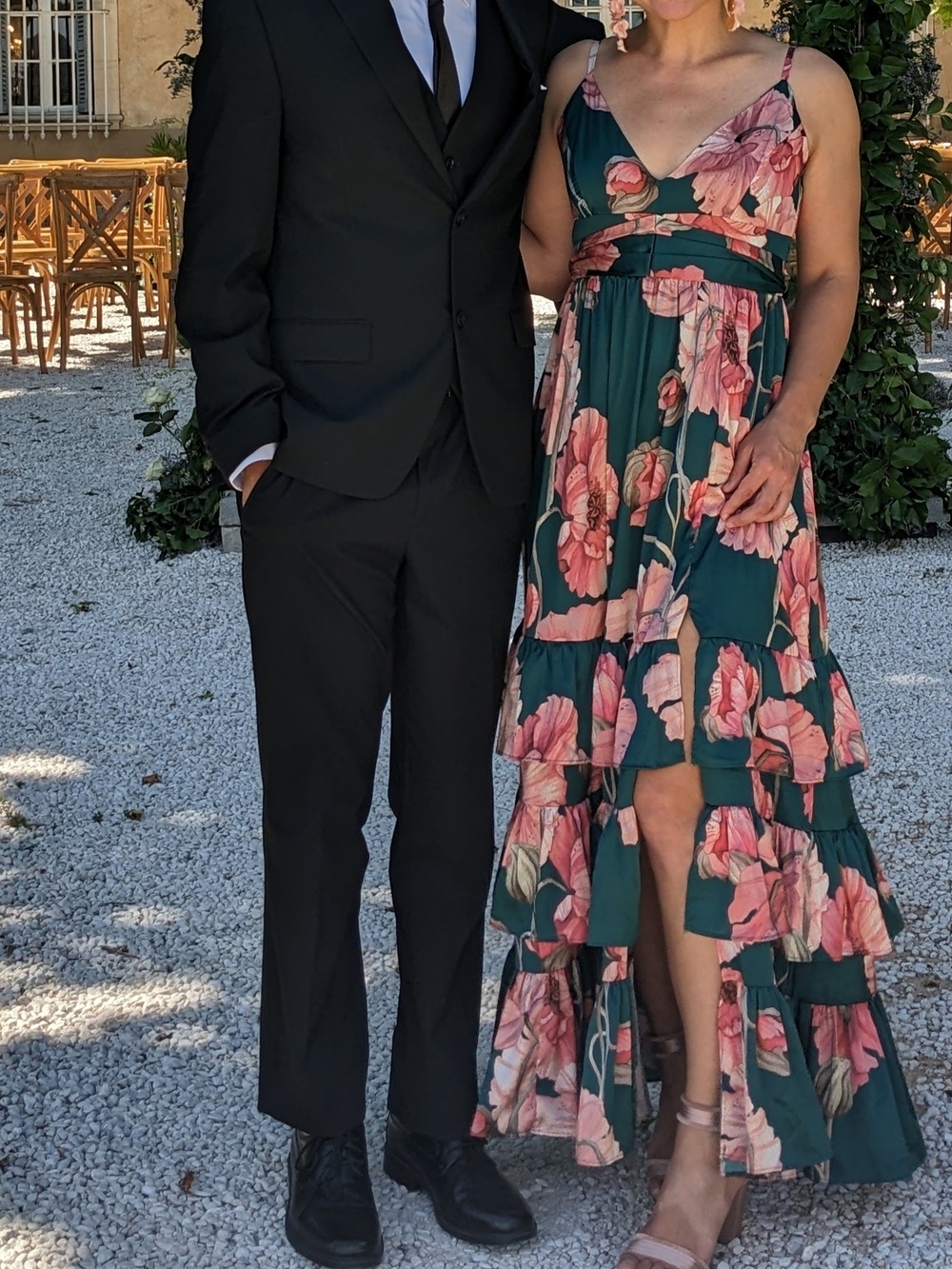 Hutch Guthrie, Floral Ruffle Maxi Dress in Teal and Pink
